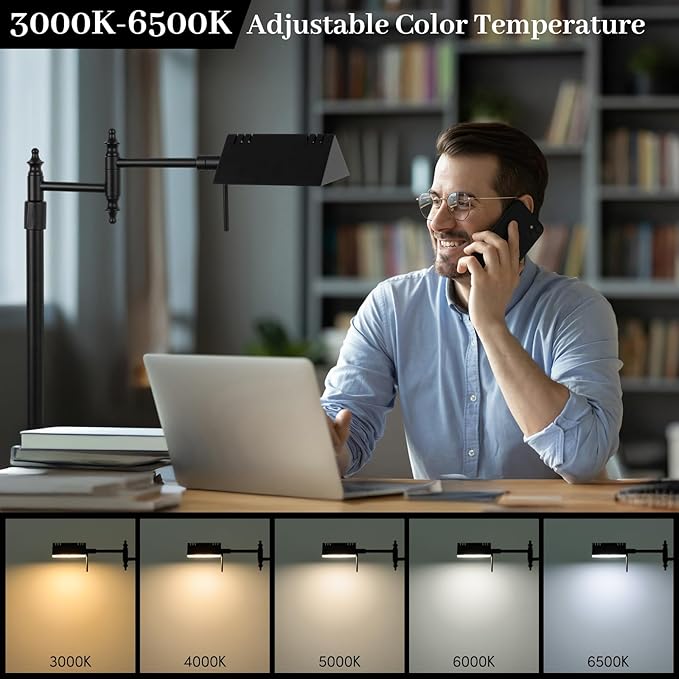 Dimmable Pharmacy Floor Lamp with Remote, 15W LED Reading Floor Lamp with 360°Swing Arm, 3 Color Temperature, Height Adjustable Black Standing Task Lamp for Living Room, Bedroom, Black