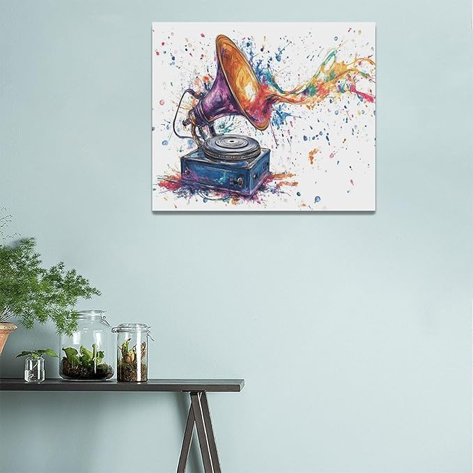 Fleruku Watercolor Phonograph Wall Art Colorful Phonograph Wall Decor Pictures Canvas Painting Artwork Home Decorations for Living Room Bedroom Bathroom Office Nursery Classroom 24"x20"