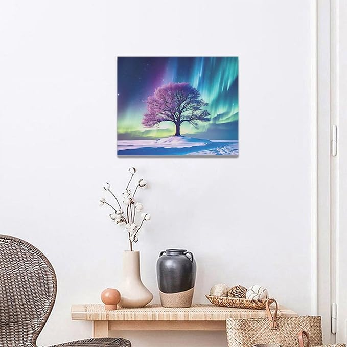 Northern Lights Bathroom Decor Aurora Wall Art Tree canvas Snow Painting Canvas Prints Framed Artwork for Bathroom kitchen Bedroom Living Room 20"x16"