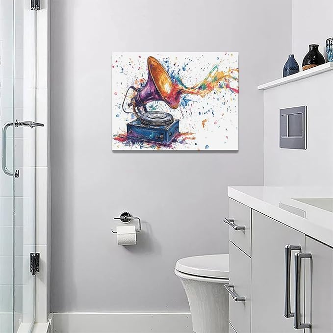 Fleruku Watercolor Phonograph Wall Art Colorful Phonograph Wall Decor Pictures Canvas Painting Artwork Home Decorations for Living Room Bedroom Bathroom Office Nursery Classroom 16"x12"