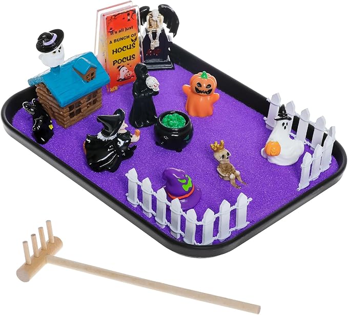 Halloween Zen Garden Kit with Inspirational Sign Haunted House Mini Zen Garden Decorative Trays Home Office Desk Decor Stress Relief Gift Includes All Accessories