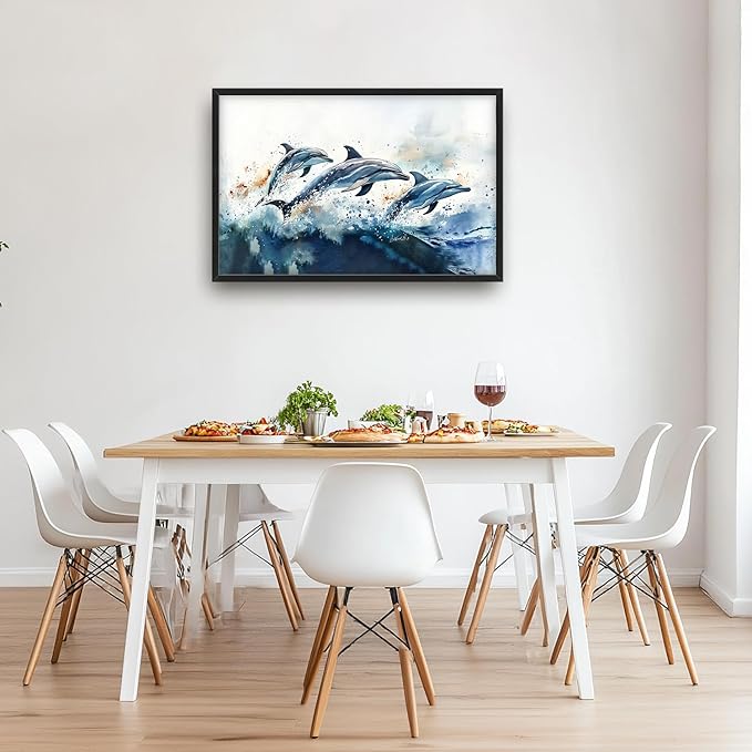 SweetFox Extra Large Watercolor Dolphin Framed Wall Art for Living Room,Ocean Dolphin Pictures Oversized Wall Decor Abstract Canvas Painting Print Artwork for Bathroom Master Bedroom 36L X 24W