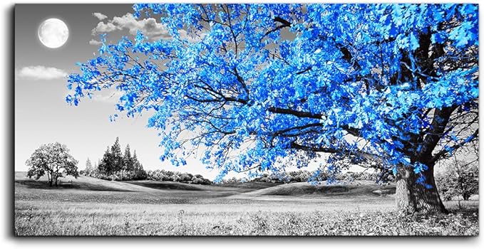 wall art for living room Simple Life Blue moon tree landscape Abstract painting office Wall Decor 20" x 40" single Pieces Canvas Prints Ready to Hang for Home Decoration Black and white Works of art