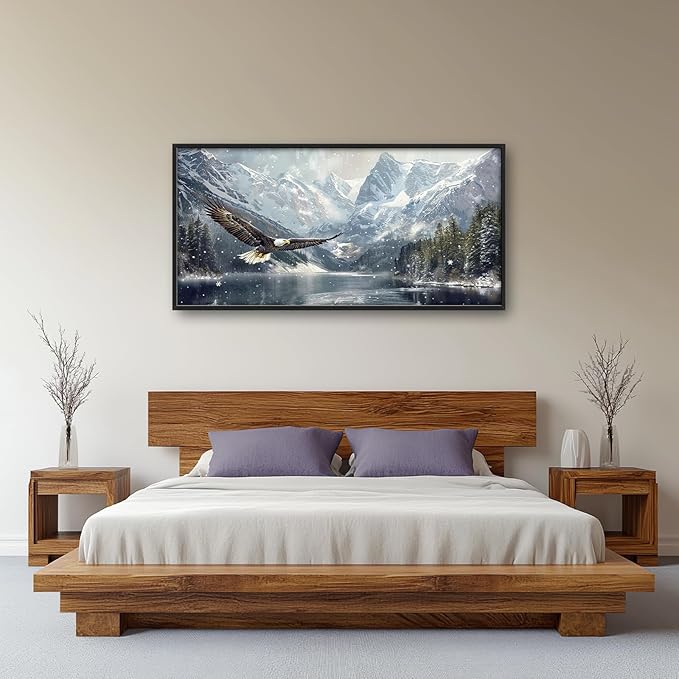 Winter Wall Art Snowy Mountain Lake Soaring Bald Eagle Pictures Wall Decor Large Canvas Prints Framed Artwork Paintings Home Office Decorations for Living Room Bedroom Dinning Room 60"x30"