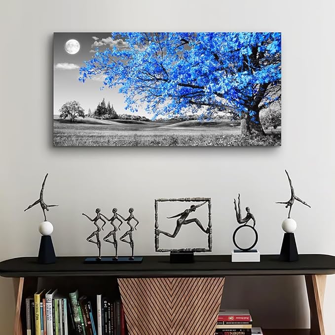 wall art for living room Simple Life Blue moon tree landscape Abstract painting office Wall Decor 20" x 40" single Pieces Canvas Prints Ready to Hang for Home Decoration Black and white Works of art