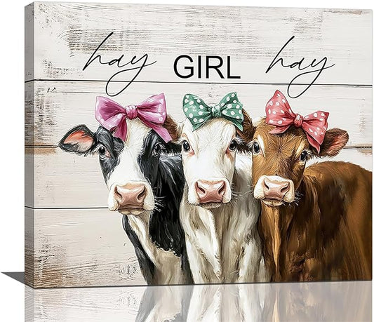 Olivine Cow Wall Art, Farmhouse Pictures Wall Decor, Cows Painting, Country Rustic Canvas Prints, Framed Artwork for Living Room Bedroom Bathroom Home Decoration 24"x20"