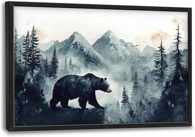 SweetFox Extra Large Forest Bear Framed Wall Art for Living Room, Bear Pictures Oversized Wall Decor Abstract Big Canvas Painting Print Home Artworks for Bathroom Master Bedroom Office 36L X 24W