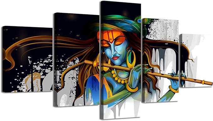 DJSYLIFE Large 5 Piece Hindu God Krishna Wall Decor Canvas Printed for Living Room Decorative Indian Painting Modern Home Decor Stretched and Framed Ready to Hang 60" Wx32 H