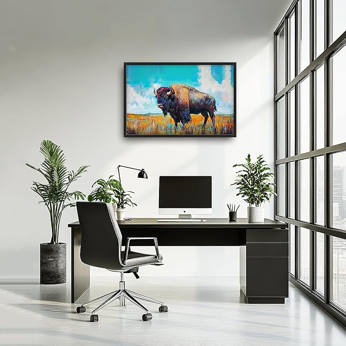 SweetFox Extra Large Colorful Western Bison Framed Wall Art for Living Room, Bison Pictures Oversized Wall Decor Abstract Big Canvas Painting Print Artworks for Bathroom Master Bedroom 36L X 24W