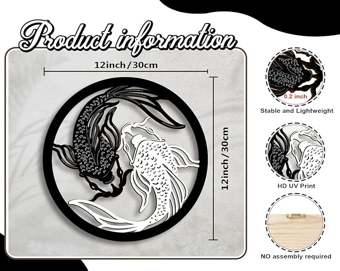 Creoate Home Decor Wall Art Wooden Koi Fish, Black and White Yin Yang Themed Zen Wall Mount Plaque Decor for Yoga Room Bathroom Living Room Farmhouse, 12x12 inches