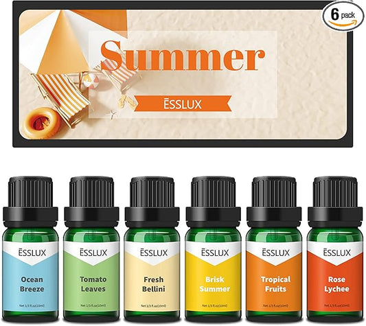 ESSLUX Summer Fragrance Oil Set, Soap Candle Making Scents, Essential Oils for Diffusers for Home, 6x10ml, Brisk Summer, Ocean Breeze, Tropical Fruits and More