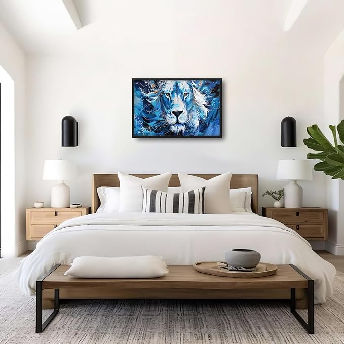 Framed Large Wall Art for Living Room, Lion Canvas Wall Decor, Blue Animal Pictures Painting, Modern Landscape Artwork for Bedroom Office 36L'' × 24W''