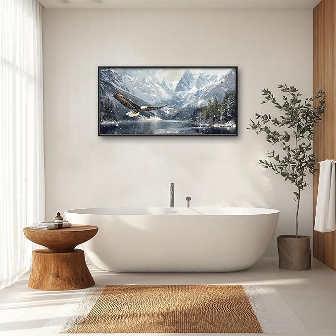 Winter Wall Art Snowy Mountain Lake Soaring Bald Eagle Pictures Wall Decor Large Canvas Prints Framed Artwork Paintings Home Office Decorations for Living Room Bedroom Dinning Room 60"x30"