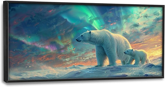 Large Polar Bear Framed Wall Art for Living Room White Polar Bear Pictures Wall Decor Aurora Canvas Print Painting Artwork Modern Home Decorations for Bedroom Office 60x30 inch