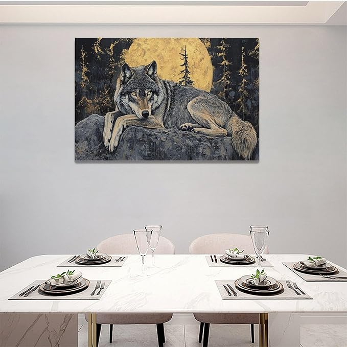 Wolf Wall Art Wolf Moon Pictures Wall Decor Wildlife Animal Canvas Painting Modern Artwork Home Decoration for Bathroom Office Living Room Bedroom Framed 24"x36"