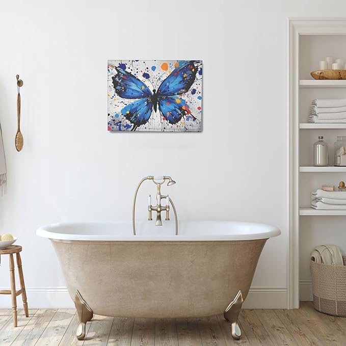 Banksy Butterfly Wall Art Blue Butterfly Street Art Graffiti Wall Decor Pictures Painting Canvas Artwork Framed Decoration Gifts for Women Girl Living Room Bedroom Office 12"x16"