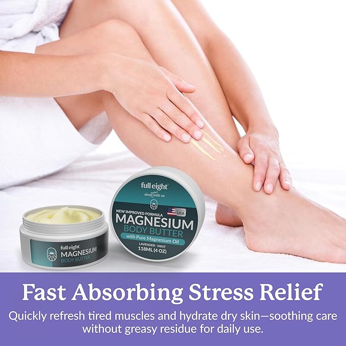 Magnesium Body Butter with Pure Magnesium Oil – For Stiff Legs & Tight Muscles – Rub for Leg Cramps, Muscle Soreness, Improved Sleep, & Foot Revitalization – 4oz