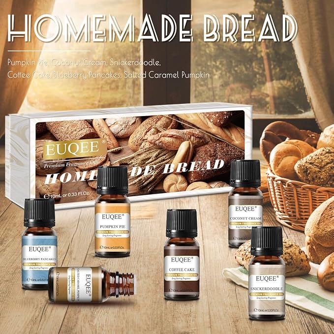 6PCS Premium Fragrance Oils for Homemade Bread-10ml-Pumpkin Pie, Coconut Cream, Snickerdoodle, Coffee Cake, Blueberry Pancakes, Salted Caramel Pumpkin