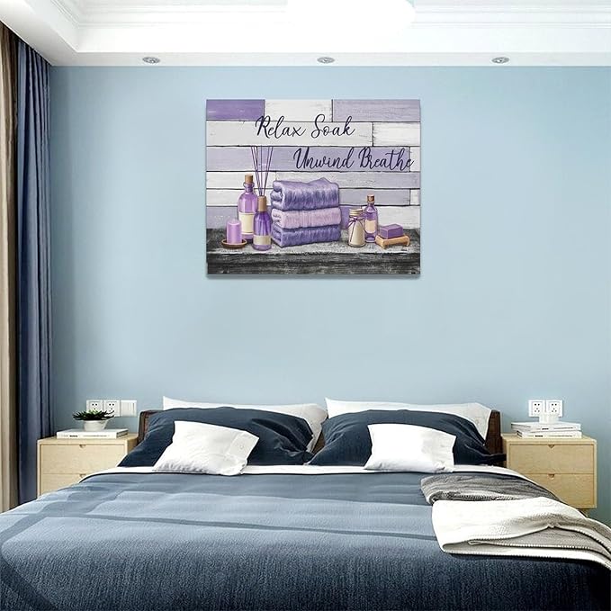Farmhouse Bathroom Wall Art Relax Soak Unwind Breathe Wall Decor Rustic Bathroom Pictures Canvas Painting Framed Artwork Purple Country Home Decorations for Toilet Lavatory 20"x16"