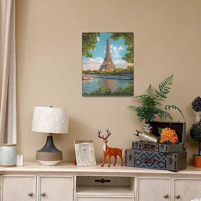 Eiffel Tower Wall Art Paris Eiffel Tower Wall Decor Cityscape Pictures Canvas Painting Framed Artwork Home Decorations for Bathroom Living Room Bedroom Office Kitchen 16"x20"