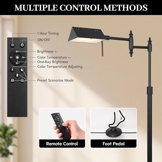 Dimmable Pharmacy Floor Lamp with Remote, 15W LED Reading Floor Lamp with 360°Swing Arm, 3 Color Temperature, Height Adjustable Black Standing Task Lamp for Living Room, Bedroom, Black