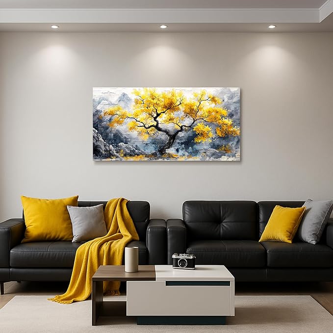 crmotu Tree of Life Large Wall Art, Chinoiserie Scenic Ink Paintings, Mountain Tree Landscape Artwork for Walls, Abstract Watercolor Modern Wall Decor Living Room Bedroom Office Art Prints 20x40inch