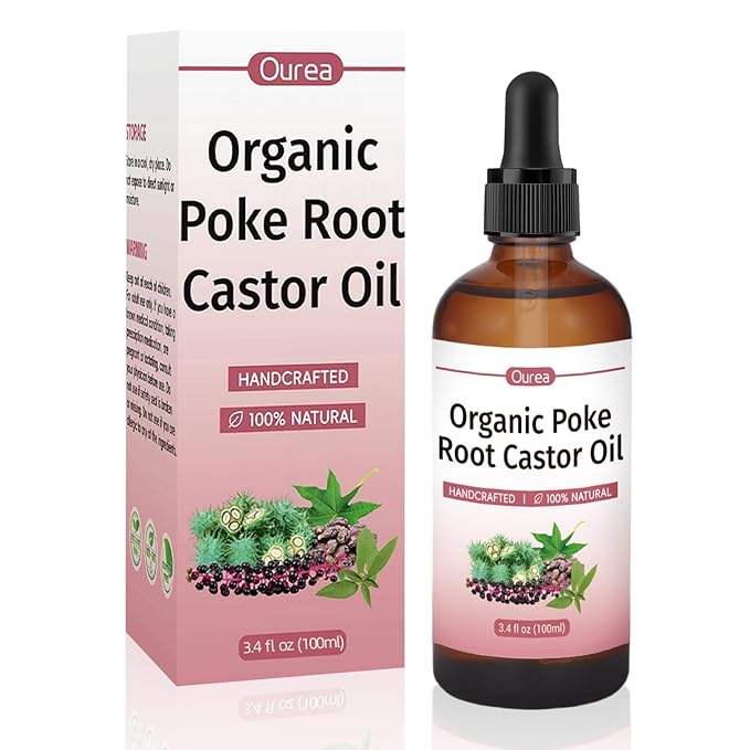 Poke Root Castor Oil Organic – 3.4 fl oz (100ml) Natural Lymphatic Support Massage Oil, Soothing Relief for Cysts, Boils, Breast, Fibroids, Swollen Lymph Nodes & Joint – Deep Tissue Drops