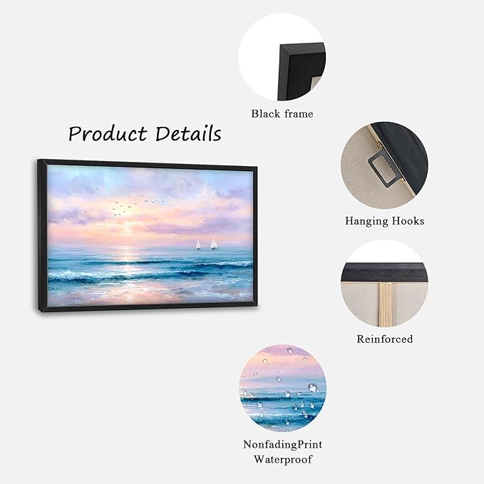 Glocmna Large Wall Art for Living Room Ocean Beach Wall Decor Nautical Sunrise Seascape Canvas Big Coastal Landscape Painting Print Artwork Framed Artwork Decorations Gifts for Bedroom Home Office Hotel 24"x36"