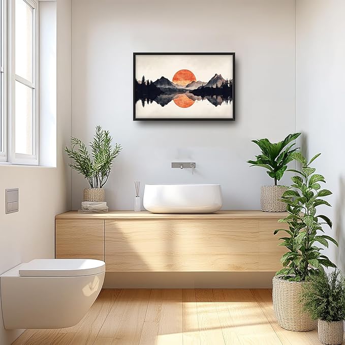 SweetFox Large Forest Mountains Reflection Framed Wall Art for Living Room, Natural landscape Pictures Oversized Wall Decor Abstract Canvas Painting Print Artwork for Bathroom Bedroom 36L X 24W