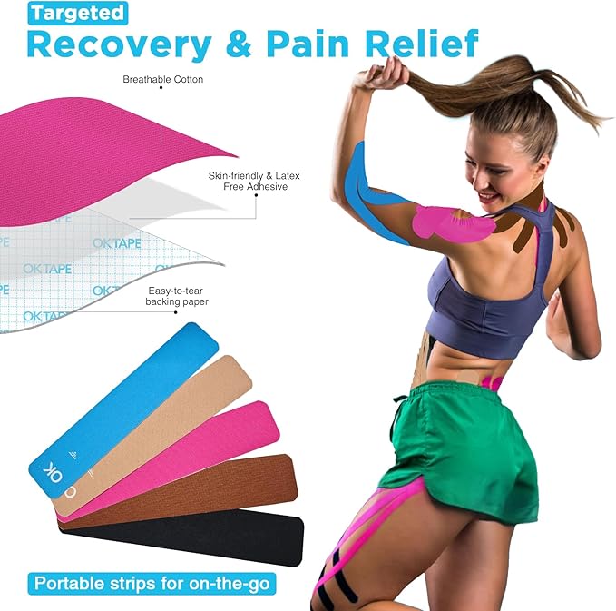 OK TAPE 100Pcs Precut Kinesiology Tape Strips, Elastic Athletic Tape for Joints Support & Muscle Pain Relief, Waterproof, Kinetic Tape for Shoulder, Knee, Ankle (5 Colors, 2 inch x 10 inch)