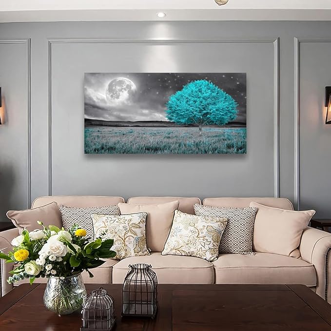 Tree of Life Wall Art Picture Canvas Prints Room Wall Décor Blue Tree with Full Moon Paintings for Living Room Bathroom Bedroom Home Kitchen Decorations Natural Artwork Wooden Framed 28x57inches