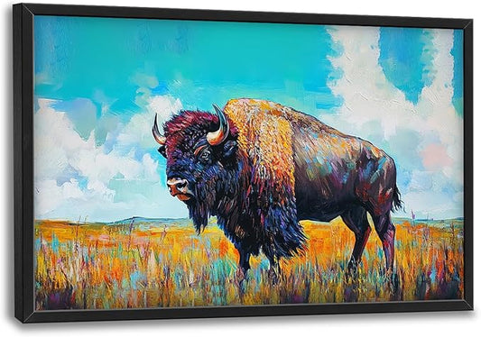 SweetFox Extra Large Colorful Western Bison Framed Wall Art for Living Room, Bison Pictures Oversized Wall Decor Abstract Big Canvas Painting Print Artworks for Bathroom Master Bedroom 36L X 24W