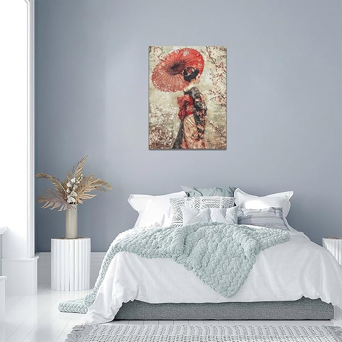 Fleruku Vintage Japanese Wall Art Japanese Geisha Wall Decor Japan Women Pictures Canvas Painting Artwork Home Decorations for Living Room Bedroom Bathroom Office 12"x16"