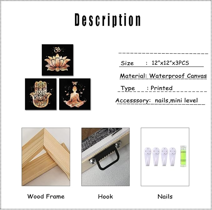Derkymo 3 Panel Yoga Wall Art Abstract Lotus Flower Picture Prints Meditation Zen Art Wall Decor for Home Decoration Framed to Hang 12"x12"x3pcs