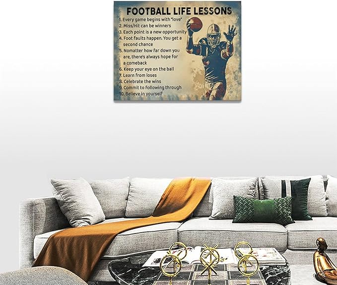 Farmhouse Football Wall Art For Boy Room Rustic Football Life Lessons Wall Decor Retro Football Sign Canvas Painting Artwork Home Decorations for Man Teenager Office Bedroom Living Room 16"x12"