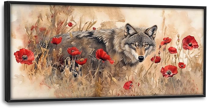 SweetFox Extra Large Watercolor Wolf Framed Wall Art for Living Room, Wild Flowers Wolf Pictures Oversized Wall Decor Abstract Canvas Painting Print Artwork for Bathroom Master Bedroom 60L X 30W