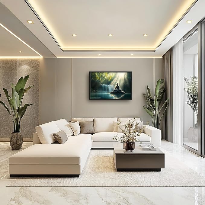 SweetFox Extra Large Buddha Framed Wall Art for Living Room, Zen Buddha Statue Pictures Oversized Wall Decor Forest Waterfall Big Canvas Painting Print Artwork for Bathroom Master Bedroom 36L X 24W