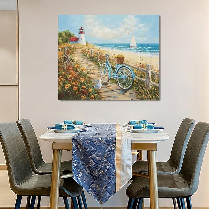 Olivine Coastal Wall Art, Beach Bicycle Pictures Wall Decor, Lighthouse Painting, Ocean Seascape Canvas Prints, Framed Artwork for Living Room Bedroom Bathroom Kitchen Office Home Decoration 24"x20"