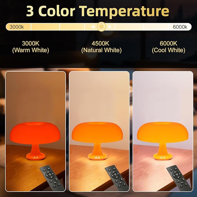 Orange Mushroom Table Lamp, Dimmable with 3 Lighting Settings, Retro Mushroom Shade Shaped Desk Lamp, Suitable for Bedroom, Living Room, Perfect for Aesthetic Mid Century Modern Decor