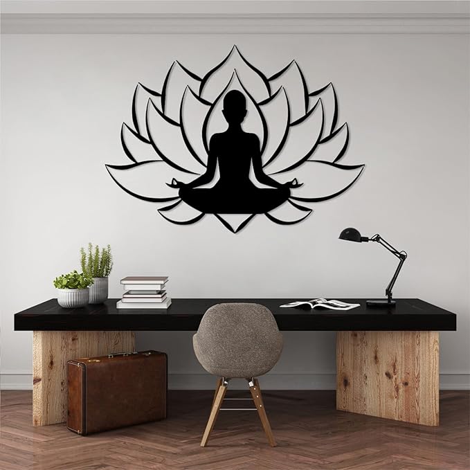 Veplsur Lotus Flower Decor, Metal Zen Wall Art, Yoga Zen Sign Decorative, Yoga Decor, Lotus Wall Hanging, Meditation Wall Art, Symmetry Art, Yoga Studio Decor, Home Decor (White, 24"x17"|60x44cm)