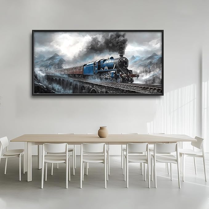Kylora Train Wall Art Blue Gray Train Pictures Wall Decor Large Master Over Above Bed Canvas Bridge Prints Horizontal Modern Artwork Painting Home Office Decorations For Kitchen Bedroom 30"x60"