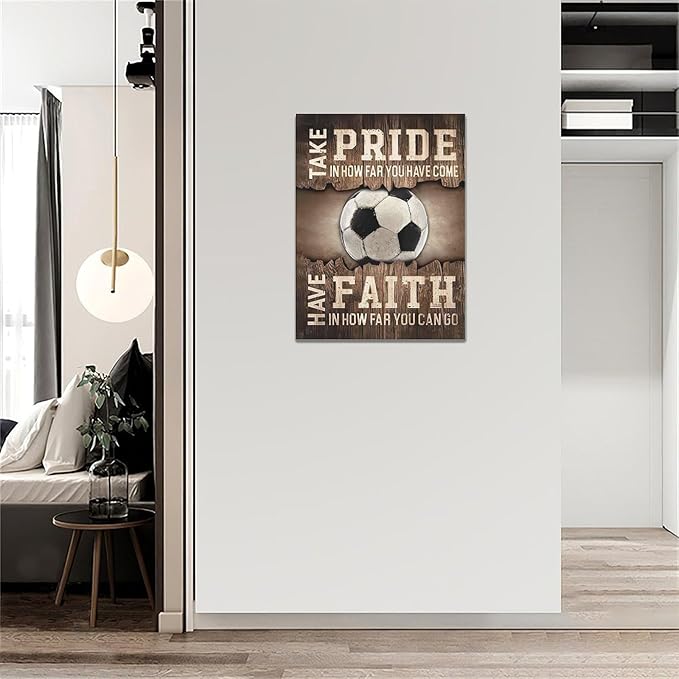 Fleruku Rustic Soccer Wall Art Sports Wall Decor Inspirational Quotes Brown Pictures Soccer Sign Canvas Painting Artwork Home Decorations for Boy Man Teenager Fans Bedroom Living Room 12"x16"