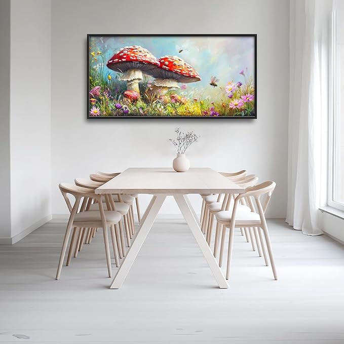 Mushroom Wall Art Mushroom Pictures Wall Decor Cottagecore Plant Botanical Large Master Over Above Bed Canvas Prints Horizontal Modern Artwork Painting Home Office Decorations For Bedroom 30"x60"