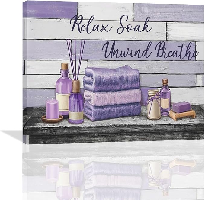 Farmhouse Bathroom Wall Art Relax Soak Unwind Breathe Wall Decor Rustic Bathroom Pictures Canvas Painting Framed Artwork Purple Country Home Decorations for Toilet Lavatory 20"x16"