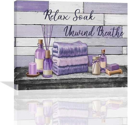 Farmhouse Bathroom Wall Art Relax Soak Unwind Breathe Wall Decor Rustic Bathroom Pictures Canvas Painting Framed Artwork Purple Country Home Decorations for Toilet Lavatory 20"x16"