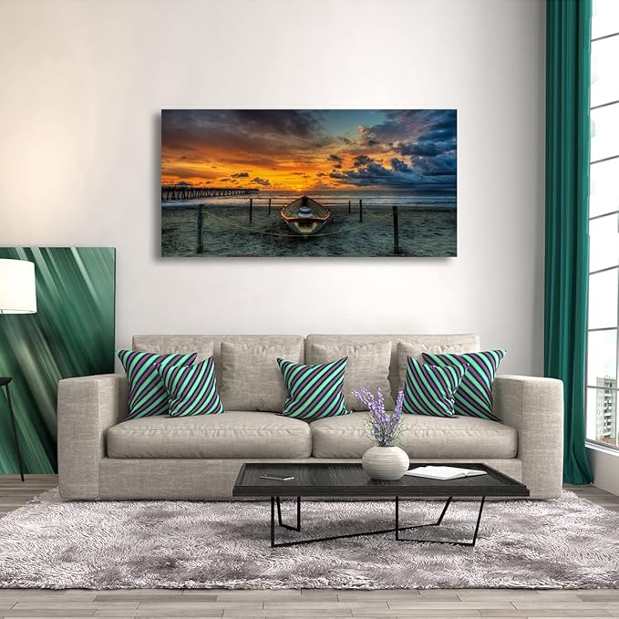 Beach Themed Wall Art Canvas Prints Seascape Poster Bathroom Décor Boat Ocean Sunset Landscape Paintings for Bedroom Dining Room Home Kitchen Decorations Natural Artwork 20x40 Picture Wooden Frames