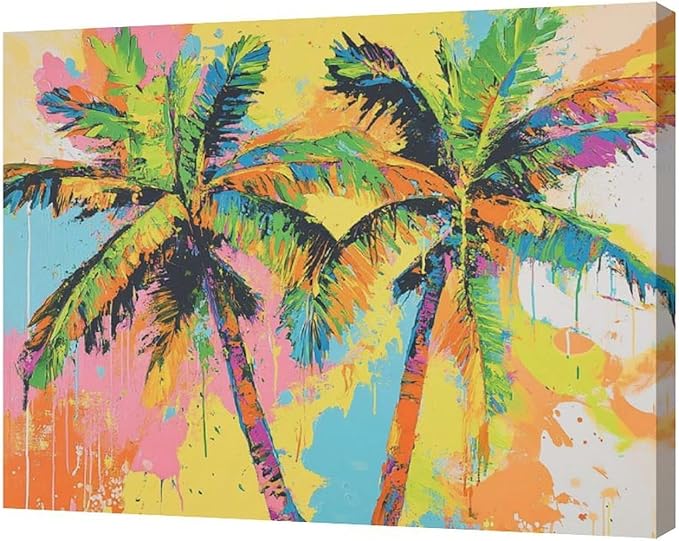 Olivine Tropical Wall Art, Palm Tree Pictures Wall Decor, Graffiti Painting, Colorful Summer Canvas Prints, Framed Artwork for Bathroom Living Room Bedroom Office Home Decoration 20"x16"