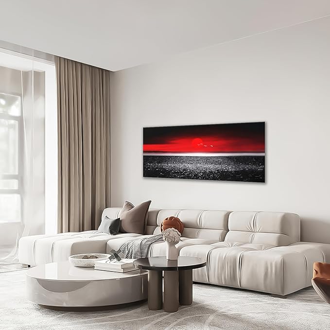 Moon Wall Art Large Red Black And White Canvas Prints Beach Coastal Ocean Picture Wall Decor Japanese Modern Framed Artwork Home Decorations for Living Room Dining Room Office 60"x30"