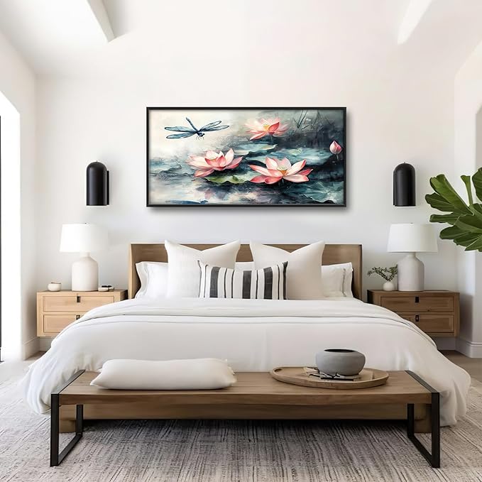 Large Lotus Dragonfly Wall Art for Living Room, Rusitc Floral Canvas Wall Decor, Pink Flowers Pictures Framed Painting, Natural Landscape Artwork for Bedroom Office 60L'' × 30W''