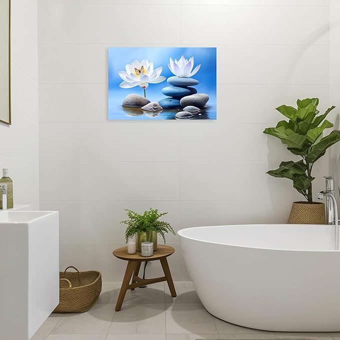 ARTZGX Zen Canvas Wall Art for Bathroom Lotus Pictures Blue Spa Stone Painting Butterfly Flower Artwork for Yoga Decor Frame(Zen - B 24.00" x 36.00")